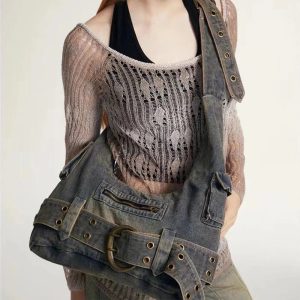 Chic Washed Denim Buckle Shoulder Bag for Stylish Outfit Ideas