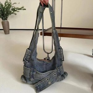 Chic Washed Denim Buckle Shoulder Bag for Stylish Outfit Ideas