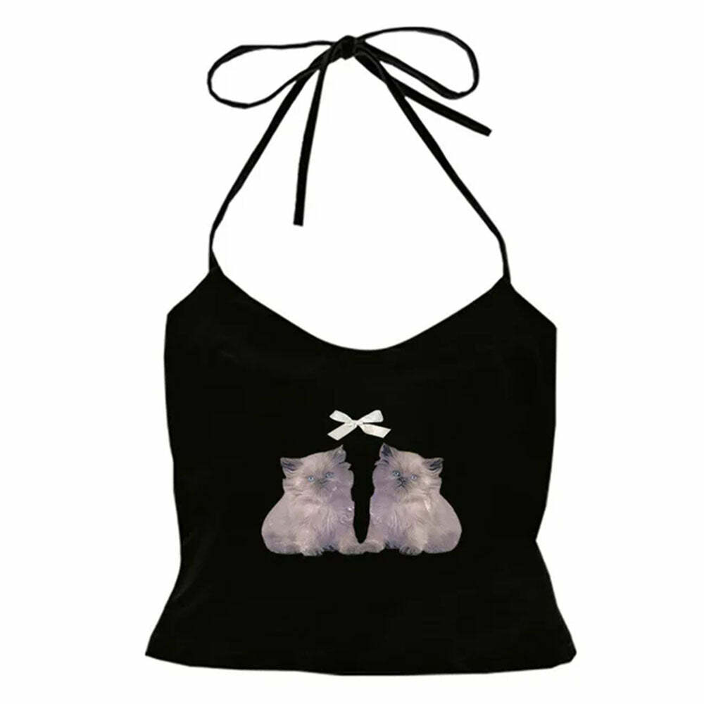 Coquette Kitten Y2K Halter Top - Cute 2000s Outfits & Vintage Fashion