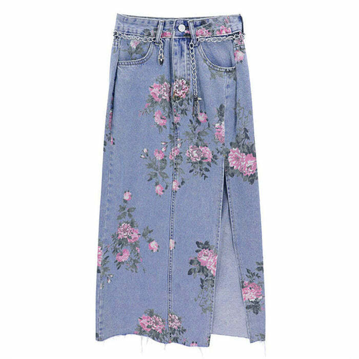 Cottage Floral Long Denim Skirt - Cute 2000s Outfits & Y2K Fashion