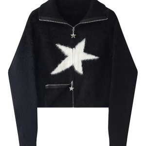 Cozy Fall Star Zip-Up Fuzzy Sweater: Perfect for Casual Outfits