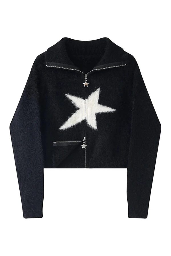 Cozy Fall Star Zip-Up Fuzzy Sweater: Perfect for Casual Outfits