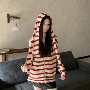 Cozy Striped Hooded Knit Cardigan: Perfect for Spring Outfits & Casual Looks