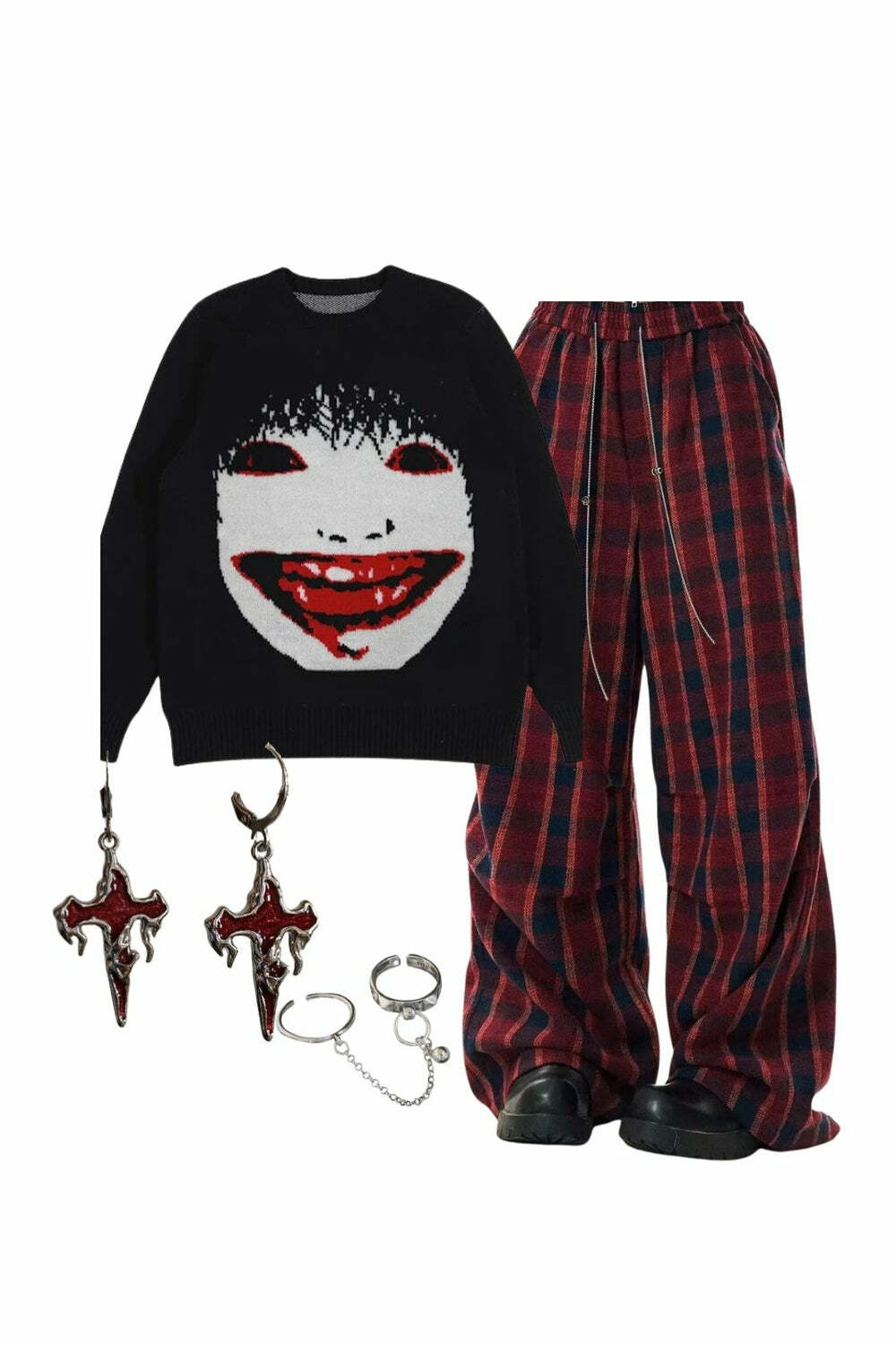 Creepy Smile Knit Sweater & Classic Plaid Baggy Lounge Pants Outfit - Y2k Fashion