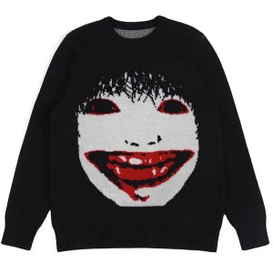 Creepy Smile Knit Sweater: Perfect for Casual Outfits & Concert Outfit Ideas