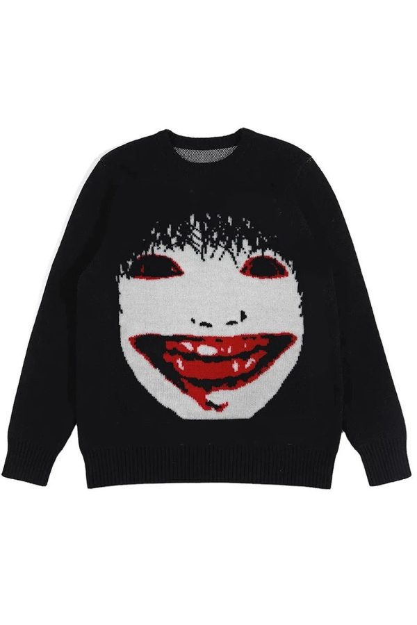 Creepy Smile Knit Sweater: Perfect for Casual Outfits & Concert Outfit Ideas