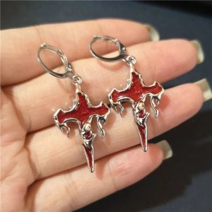 Crimson Gothic Cross Earrings: Perfect for Concert Outfits & Date Nights