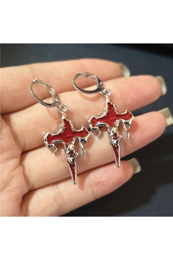 Crimson Gothic Cross Earrings: Perfect for Concert Outfits & Date Nights