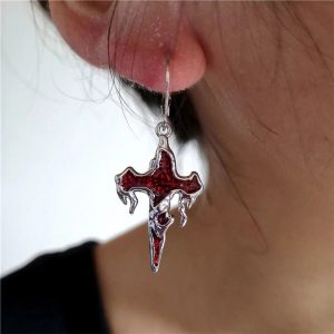 Crimson Gothic Cross Earrings: Perfect for Concert Outfits & Date Nights