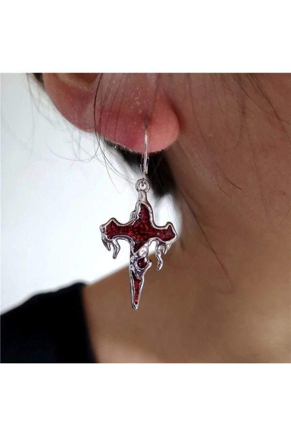 Crimson Gothic Cross Earrings: Perfect for Concert Outfits & Date Nights