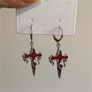 Crimson Gothic Cross Earrings: Perfect for Concert Outfits & Date Nights