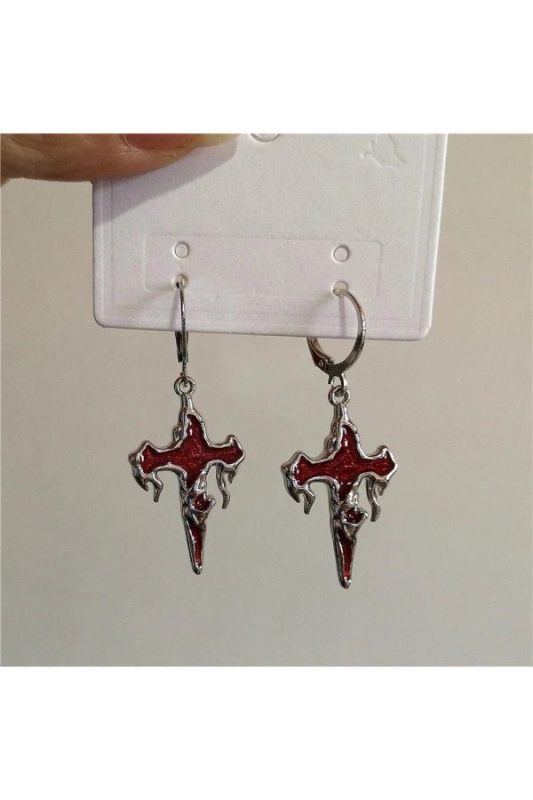 Crimson Gothic Cross Earrings: Perfect for Concert Outfits & Date Nights