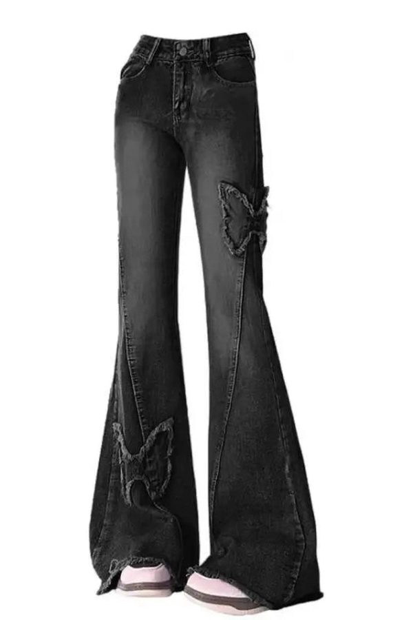 Dark Butterfly Flare Jeans - Cute 2000s Outfits & Y2K Fashion Inspiration