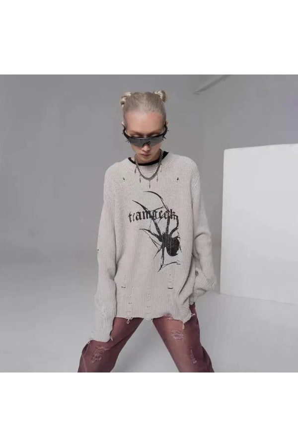 Distressed Spider Graphic Sweater: Trendy Outfit Ideas for Every Occasion