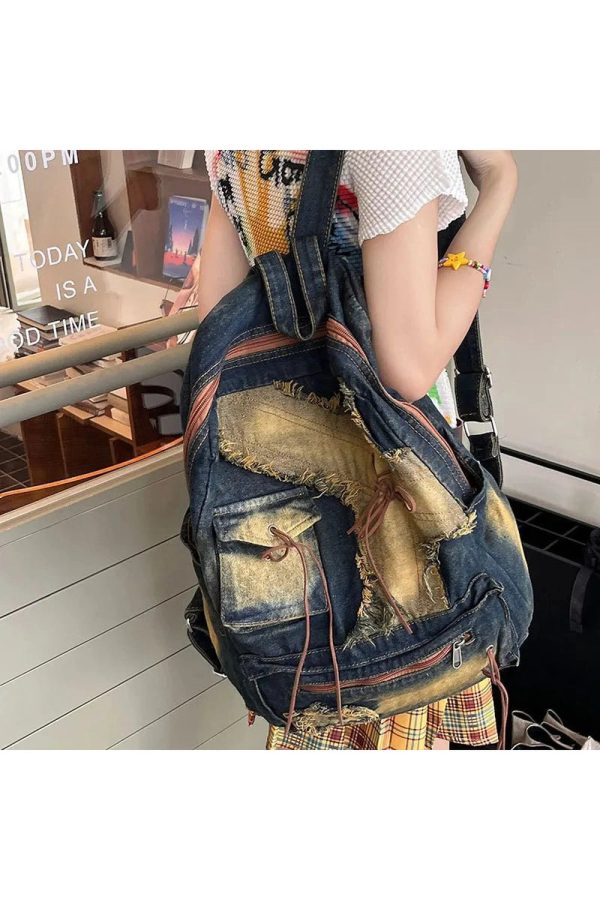 Distressed Vintage Denim Backpack: Perfect for Concerts & Casual Outfits