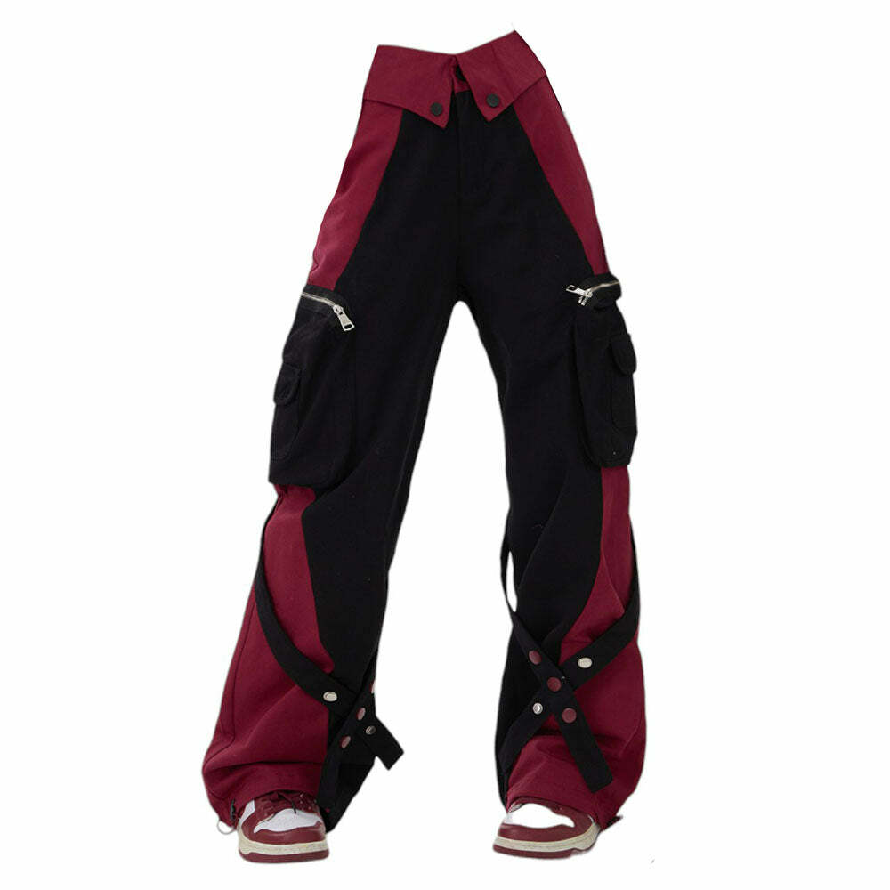 Edgy Black & Red Grunge Cargo Pants: Perfect for Concert & Casual Outfits