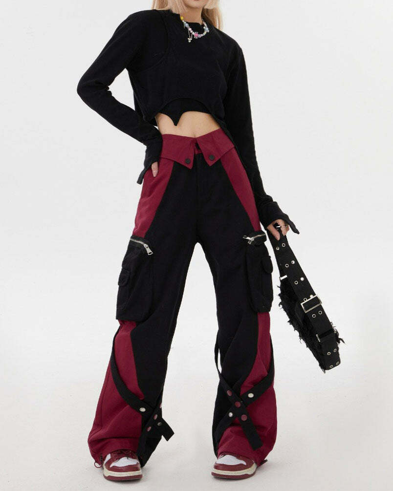 Edgy Black & Red Grunge Cargo Pants: Perfect for Concert & Casual Outfits