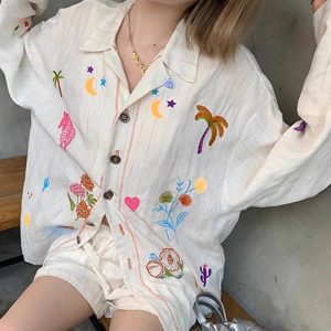 Embroidered Meadow Button-Up Shirt: Perfect for Spring Outfits & Casual Looks