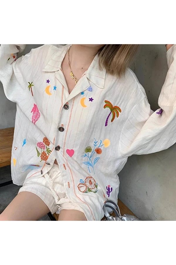 Embroidered Meadow Button-Up Shirt: Perfect for Spring Outfits & Casual Looks