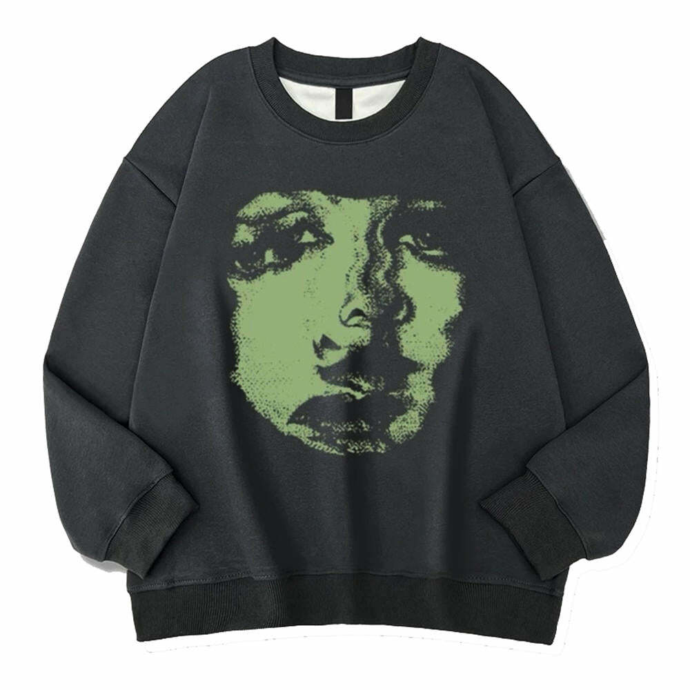 Face Print Grunge Oversized Sweatshirt - Y2K 2000s Fashion Inspiration