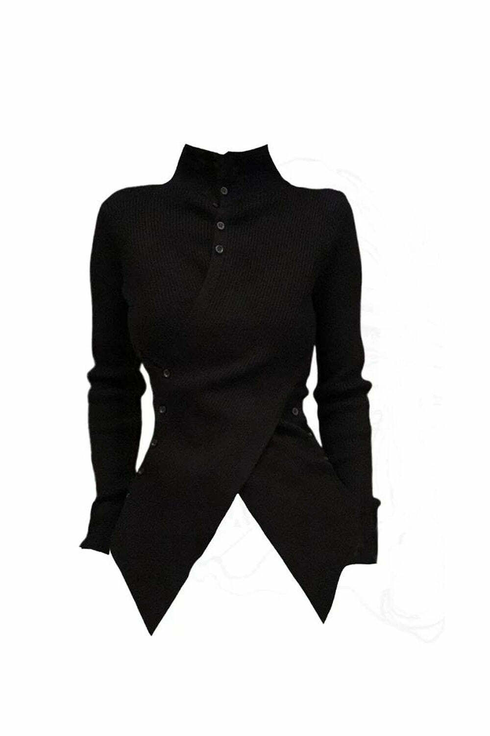 Fall Asymmetrical High Neck Buttoned Sweater - Y2K 2000s Fashion Outfit