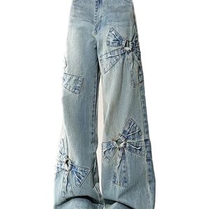 Fall Bow-Accent Wide-Leg Jeans - Cute 2000s Outfits & Y2K Fashion