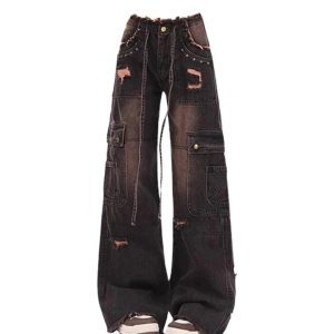 Fall Dark Cargo Distressed Jeans - Y2K Fashion, 2000s Outfits, McBling Style