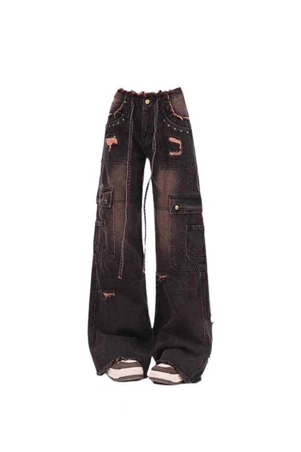 Fall Dark Cargo Distressed Jeans - Y2K Fashion, 2000s Outfits, McBling Style