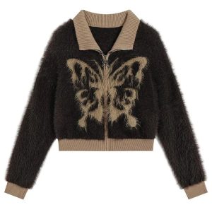 Fall Fuzzy Butterfly Zip-Up Cardigan - Cute 2000s Fashion Inspiration