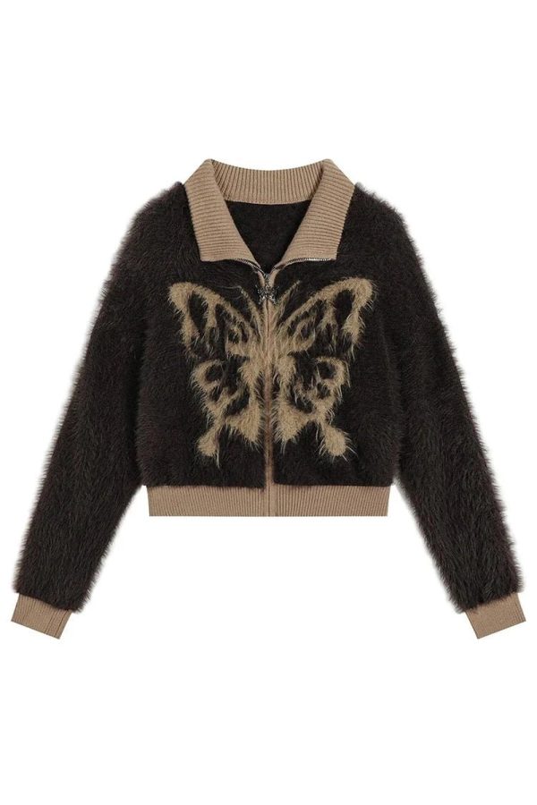 Fall Fuzzy Butterfly Zip-Up Cardigan - Cute 2000s Fashion Inspiration