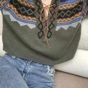 Forest Fair Isle Lace-Up Sweater: Perfect for Spring Outfits & Casual Looks