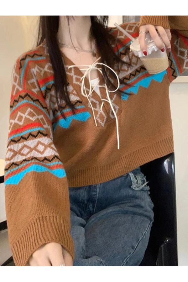 Forest Fair Isle Lace-Up Sweater: Perfect for Spring Outfits & Casual Looks