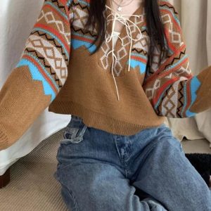 Forest Fair Isle Lace-Up Sweater: Perfect for Spring Outfits & Casual Looks