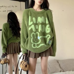 Fuzzy Bear Graphic Sweater - Cute 2000s Outfits & Y2K Fashion Inspiration