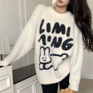 Fuzzy Bear Graphic Sweater - Cute 2000s Outfits & Y2K Fashion Inspiration