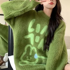 Fuzzy Bear Graphic Sweater - Cute 2000s Outfits & Y2K Fashion Inspiration