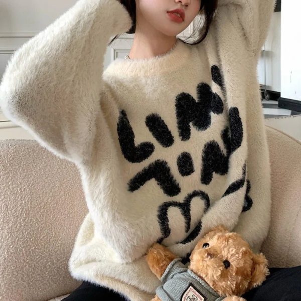 Fuzzy Bear Graphic Sweater - Cute 2000s Outfits & Y2K Fashion Inspiration