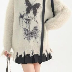 Fuzzy Butterfly Distressed Sweater: Trendy Outfit Ideas for Every Occasion