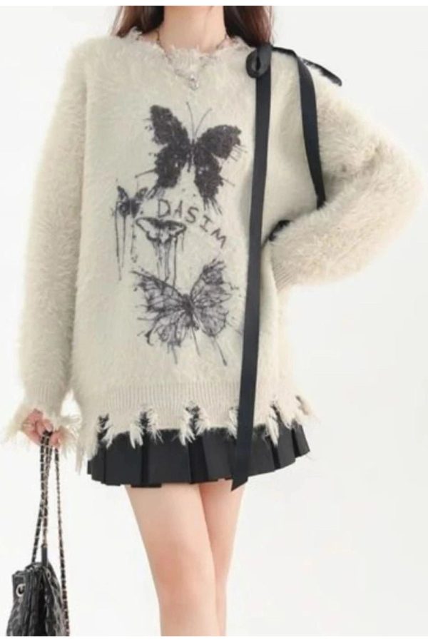 Fuzzy Butterfly Distressed Sweater: Trendy Outfit Ideas for Every Occasion