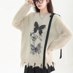 Fuzzy Butterfly Distressed Sweater: Trendy Outfit Ideas for Every Occasion