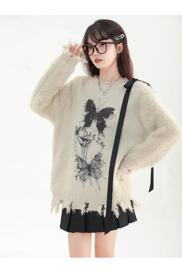 Fuzzy Butterfly Distressed Sweater: Trendy Outfit Ideas for Every Occasion