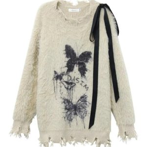 Fuzzy Butterfly Distressed Sweater: Trendy Outfit Ideas for Every Occasion