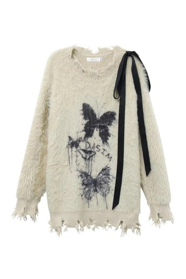 Fuzzy Butterfly Distressed Sweater: Trendy Outfit Ideas for Every Occasion