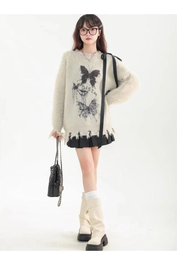 Fuzzy Butterfly Distressed Sweater: Trendy Outfit Ideas for Every Occasion