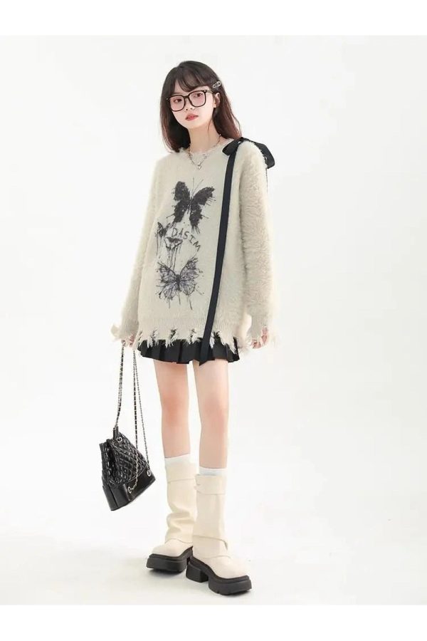 Fuzzy Butterfly Distressed Sweater: Trendy Outfit Ideas for Every Occasion