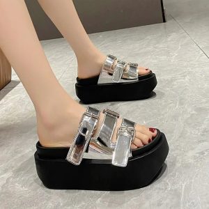 Glossy Buckle Platform Sandals: Perfect for Spring Outfits & Concerts