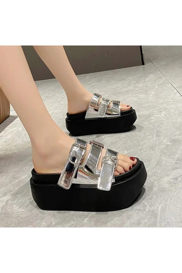 Glossy Buckle Platform Sandals: Perfect for Spring Outfits & Concerts