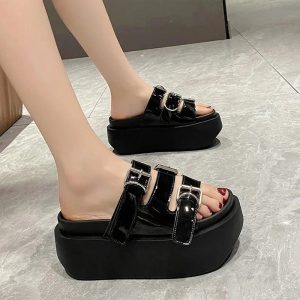 Glossy Buckle Platform Sandals: Perfect for Spring Outfits & Concerts