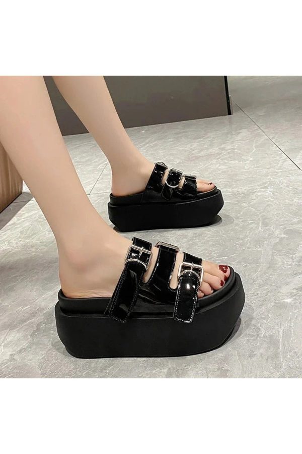 Glossy Buckle Platform Sandals: Perfect for Spring Outfits & Concerts