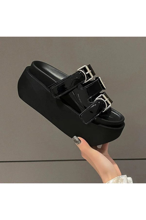 Glossy Buckle Platform Sandals: Perfect for Spring Outfits & Concerts